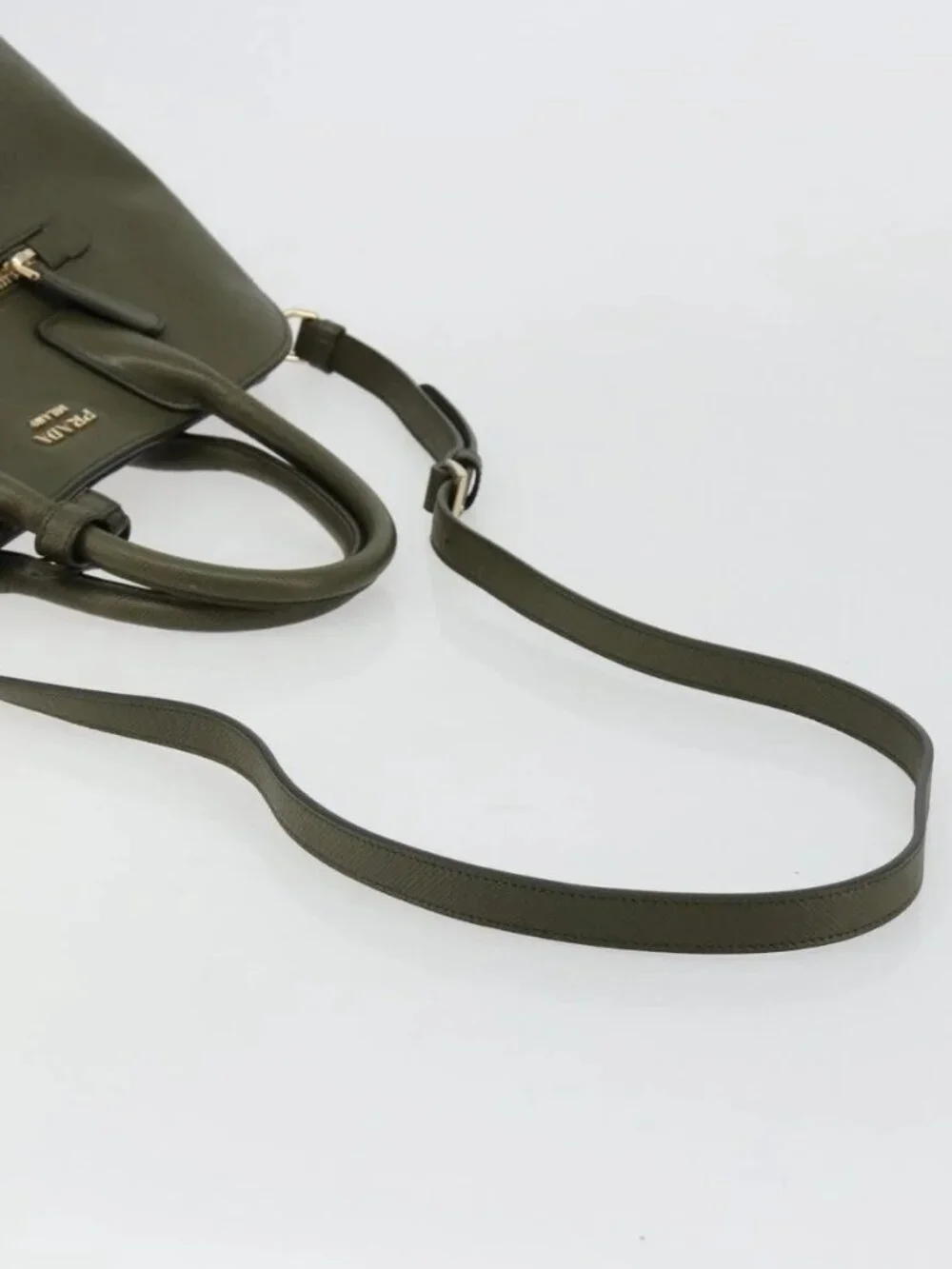 PRADA Cuir Open Promenade Satchel Bag Saffiano 2way Khaki Gold Auth